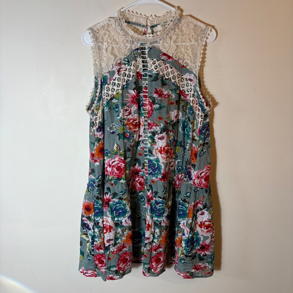 Umgee USA Floral Lace Mock Neck Tiered Mini Dress Medium Green Pink‎ Boho Summer